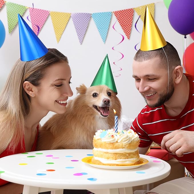 Geosar 200 Pcs Birthday Party Hats Metallic Cone Bulk Multicolor Paper Hat with Elastic String for Youth Adults Pets, Gold, Silver, Red, Blue and Green