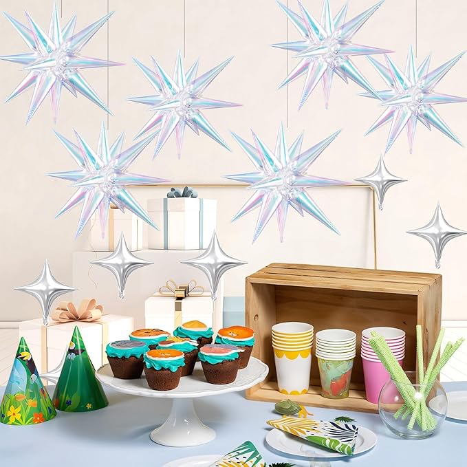 18 Pcs Iridescent Star Balloons, Iridescent Clear Stars Foil Balloon with 6 Pcs 22-Inch Explosion Star Balloons 12Pcs Silver 10-Inch Four Pointed Stars Balloon for Birthday New Year Party Decors