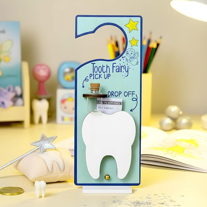 Tooth Fairy Holder Bag Door Hanger with Money Slot Keepsake Bottle Velvet Pouch Teeth Fairy Box Encourage Gift for Lost Teeth Boy Girl Milk(Fresh,Blue)