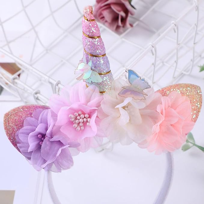 Unicorn Headband for Women - Flower Glitter Horn with Butterfly & Ears Headband, Magical Blossom Hair Accessory for Birthday Party Hair Decoration,Halloween Christmas Cosplay Hairband