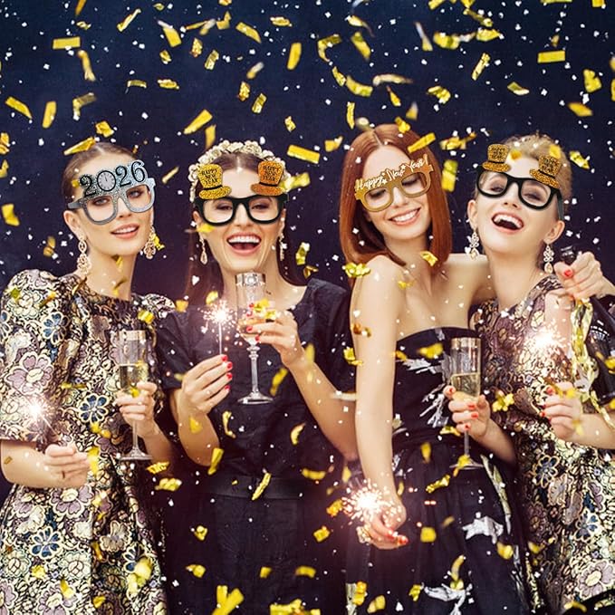 PRETYZOOM 9 Pack 2026 Happy New Year Glasses, 3 Colors Nye Party Favors Supplies, Holiday Eyewear Sunglasses, Photo Booth Props, New Years Eve Decorations Accessories Gifts