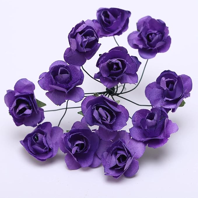 144pcs Mulberry Paper Mini Roses Artificial Flowers Heads with Stems for DIY Crafts Accessories Make Bridal Hair Clips Headbands Wedding Bridal Bouquets Party Home Decor Valentine's (Dark Purple)