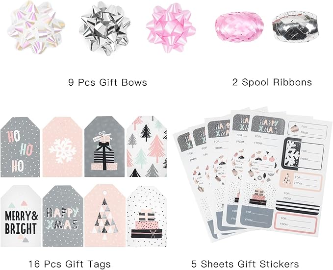 WRAPAHOLIC Christmas Wrapping Paper Set - Rustic Kraft Pink and Grey Christmas Kraft Wrapping Paper Bundle with Gift Bow & Ribbon & Tag & Sticker, Perfect for Birthday, Holiday, Party