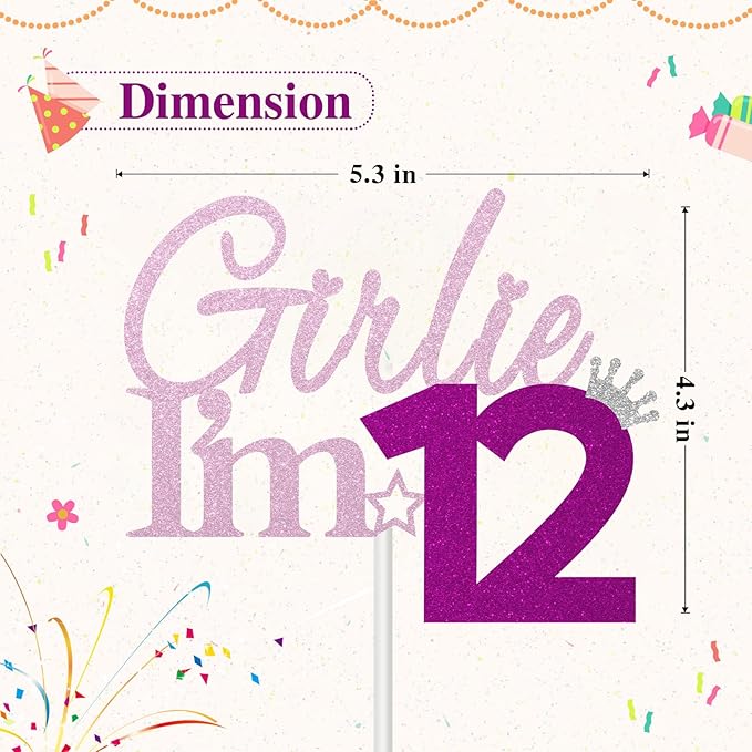 Girlie I'm 12 Cake Topper, 12th Birthday Decorations for Girl, Glitter Funny 12th Birthday Cake Topper, Girlie 12 Year Old Birthday Party Decoration Supplies