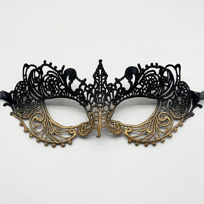 TFTSR Masquerade Masks for Women Couples & Men - Mardi Gras & Venetian Dress Mask in Black & Gold Adults Party Lace Costume