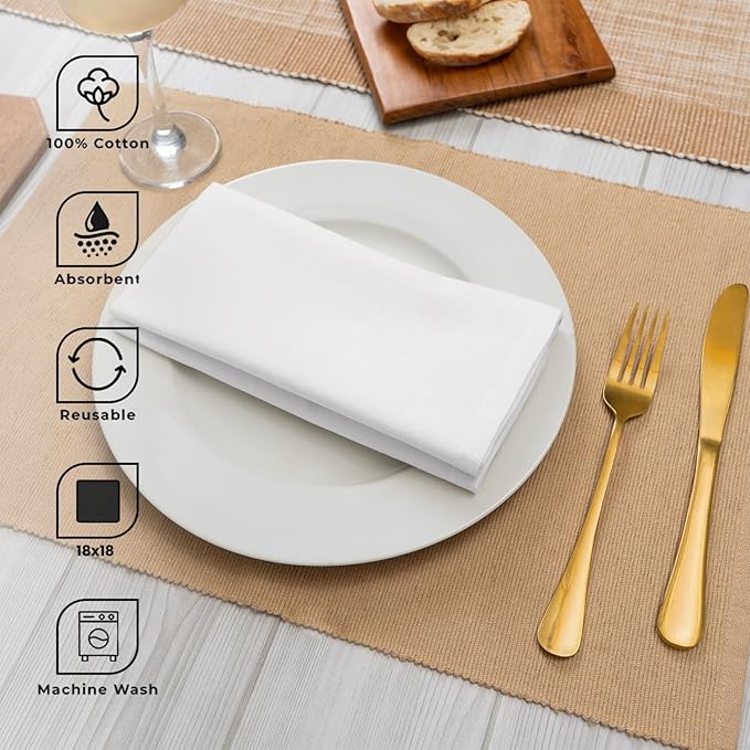 Blue Needles Solid Cloth Napkins Set of 12 White 100% Cotton Dinner Napkins 18x18 inches - Soft, Reusable, Absorbent & Washable Fall Thanksgiving Linen, Ideal for Events, Parties & Everyday Use