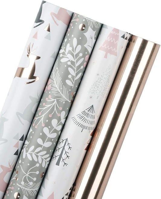 WRAPAHOLIC 30 Inch Christmas Wrapping Paper Roll - Jumbo Roll Rose Gold and Pink Holiday Design with Metallic Foil Shine - 4 Rolls - 30 Inch x 120 Inch Per Roll