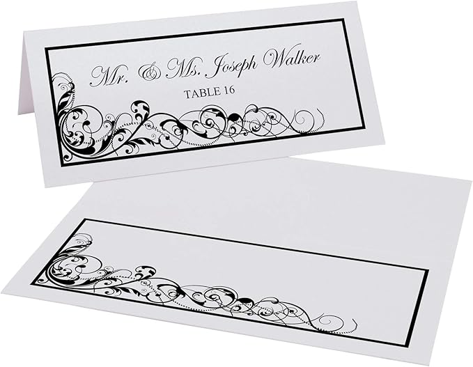 Scribble Vintage Swirl Printable Place Cards, Black (Choose Color), Set of 60 (10 Sheets), Laser & Inkjet Printers - Wedding, Party, Dinner, and Special Events - Made in the USA