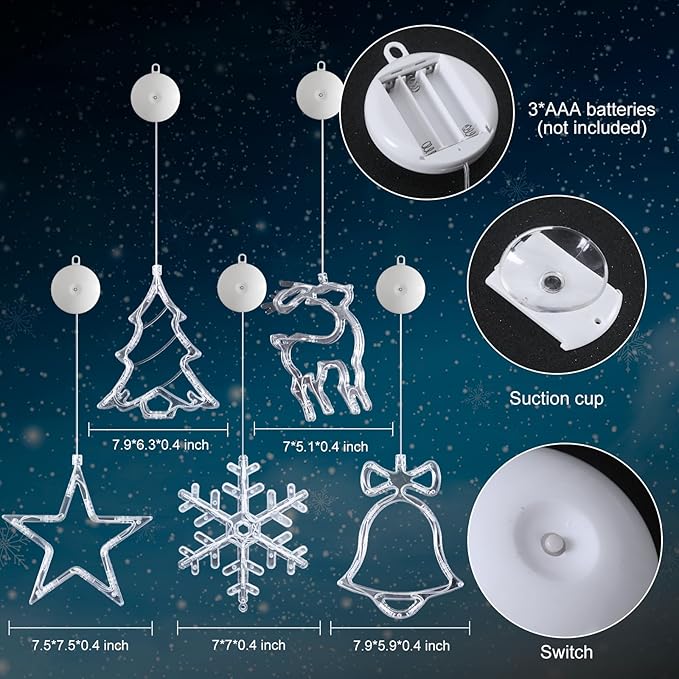 5Pack Christmas Window Lights Decorations with Timer,Battery Powered Christmas Hanging Warm White Lighted Snowflake Tree Star Deer Bells Shaped LED Sucker for Xmas Fireplace Indoor Decor