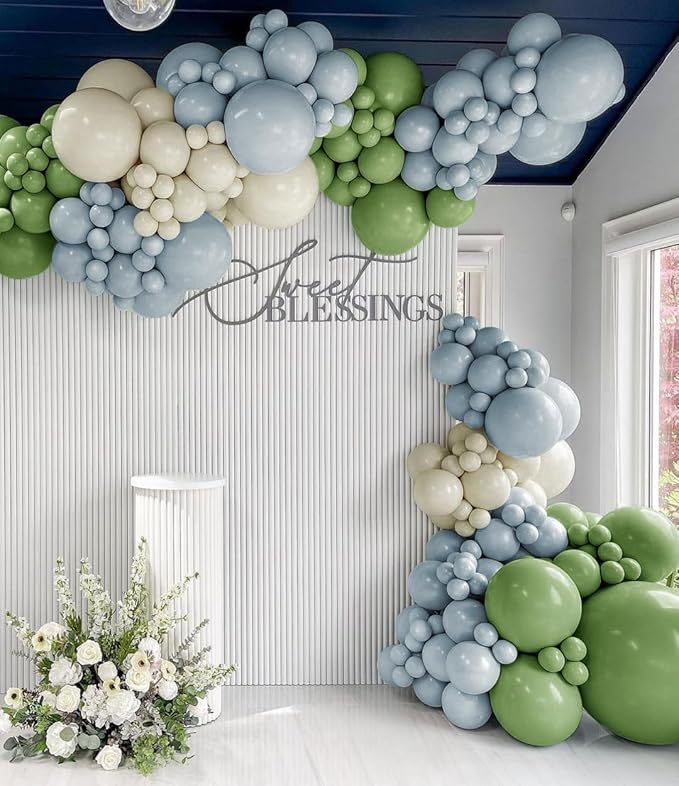 Dusty Blue Green Balloon Garland Arch Kit Double Stuffed Avocado Green Balloons Thick Latex White Sand Pastel Blue Balloons Kit For Jungle Safari Neutral Birthday Baby Shower Party Deocrations