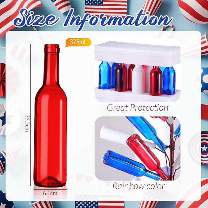 Rtteri 24 Pcs Decorative Colored Wine Bottles 375ml Empty Glass Bottles for Flowers Wedding Decor Centerpiece Christmas Party Favor DIY Crafts (Red,Blue,White)