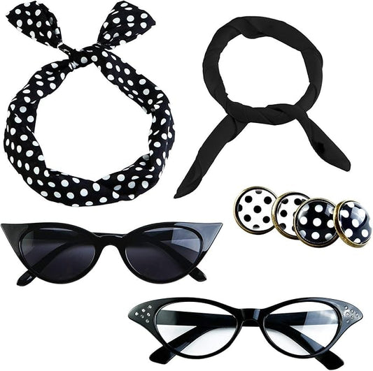 Aneco 6 Pack 50s Set Chiffon Scarf Cat Eye Glasses Bandana Tie Headband Earrings
