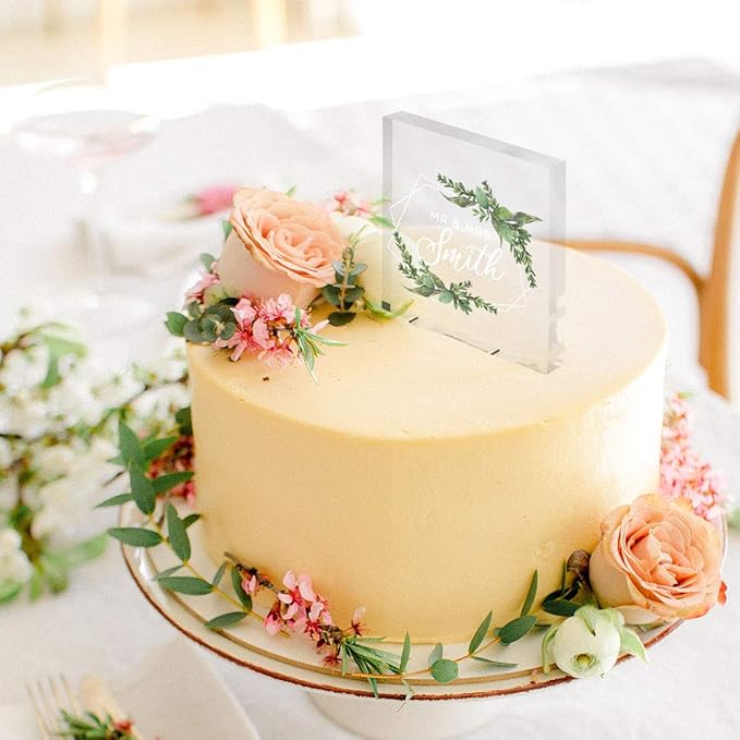 Andaz Press Modern Geometric Greenery Custom Wedding Cake Topper, Acrylic Square Personalized Couple Cake Topper