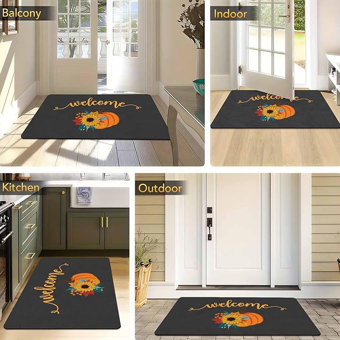 InterestPrint Fall Door Mat with Non-Slip Backing, Welcome Pumpkin Doormat Front Porch Rug Welcome Mats for Autumn Halloween Thanksgiving Farmhouse Decor, 30"x18"inch