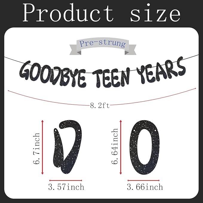 Goodbye Teen Years Glitter Banner, Pre-Strung, 20th Birthday Decorations, 20 & Fabulous, Happy 20 years old Anniversary Party Decoration Supplies Black
