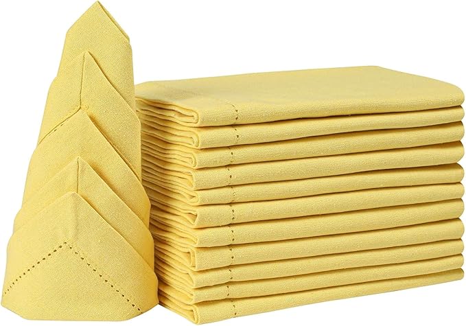 Homidate Cotton Dinner Napkins Set of 12 – 18x18 Sand Yellow with Hemstitched Mitered Corners – Machine Washable Fabric Napkins for Thanksgiving, Weddings & Cocktails