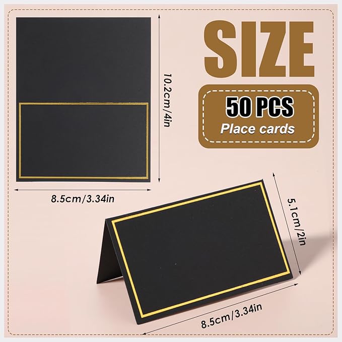 50 Pcs Place Cards for Table Setting, 2×3.34inch Table Tent Cards with Gold Foil Border, Food Labels for Party Buffet, Name Seating Cards for Weddings, Banquets, Events, Dinner Parties(Black)