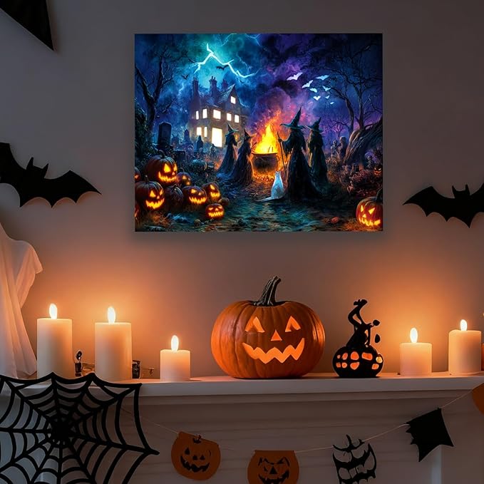 Halloween LED Wall Art 20x16 Inch-Haunted Home Gift, Lighted Canvas Decor with Pumpkin Haunted House Witch & Skull, Battery Powered with Timer, Spooky Indoor Decor for Halloween Party