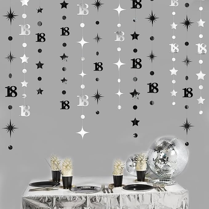 Silver Black 18th Birthday Decorations Number 18 Circle Dot Twinkle Star Garland Streamer Banner Backdrop for Girls Boys Happy 18th Birthday Time to Adult Cheers to 18 Years Old Anniversary Party