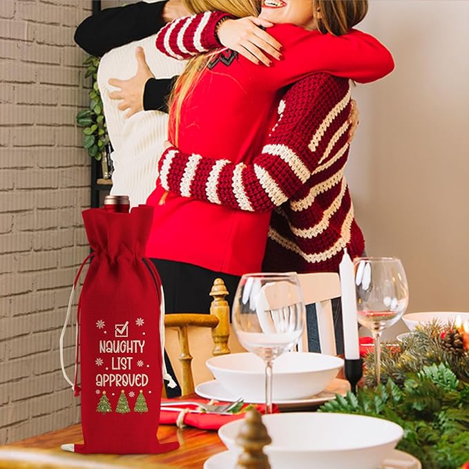 Funny Christmas Wine Bags for Wine Bottles Gifts Christmas Wine Bottle Cover Drawstring Gift Bags Red Burlap Wine Bag for Xmas Wedding Birthday Holiday Housewarming Party Decorations