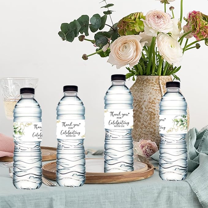100PCS Wedding Water Bottle Labels Waterproof Greenery Floral Wraps Sticker for Water Bottle Baby Shower Bottle Label for Bridal Shower Party Thanks (Eucalyptus)