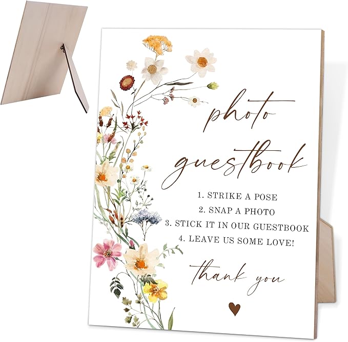 Flower Photo Guest Book Sign, Wedding Guest Book Alternative, Wedding Decorations for Reception, Bridal Shower Decor, Table Centerpieces for Party, 6X8 Inch Wooden Bridal Shower Signs with Stand, 13