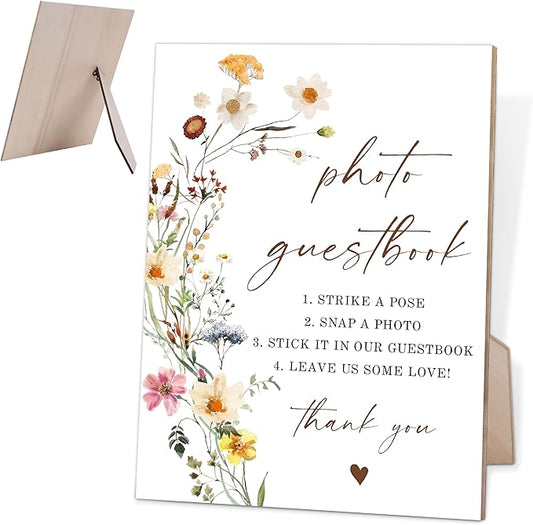 Flower Photo Guest Book Sign, Wedding Guest Book Alternative, Wedding Decorations for Reception, Bridal Shower Decor, Table Centerpieces for Party, 6X8 Inch Wooden Bridal Shower Signs with Stand, 13