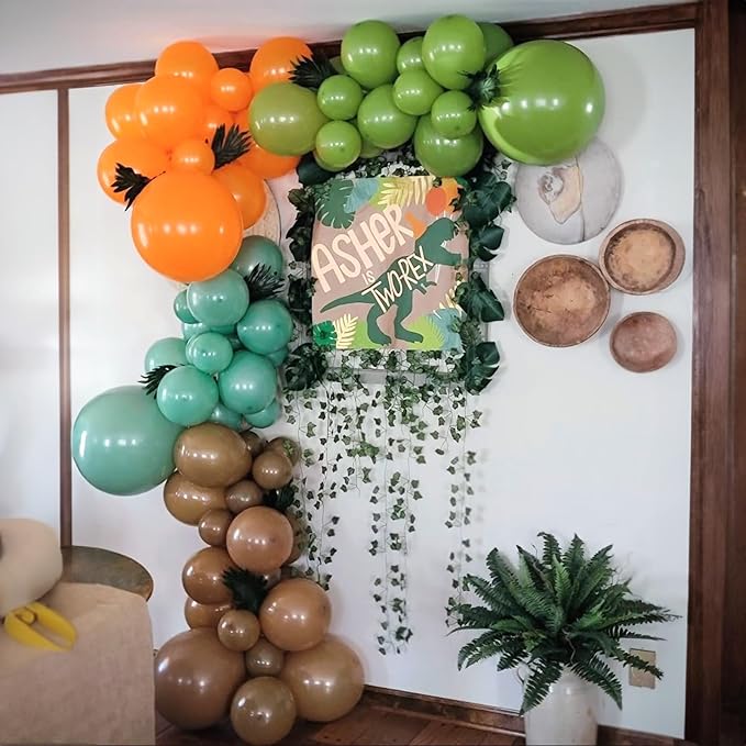Sage Green Orange Balloons Set, 12 Inch Olive Green Orange Balloons with Nude Coffee Green Brown Latex Balloons Dinosaur Theme Party Decoration for Jungle Safari Wild Woodland Garden Outdoor Party