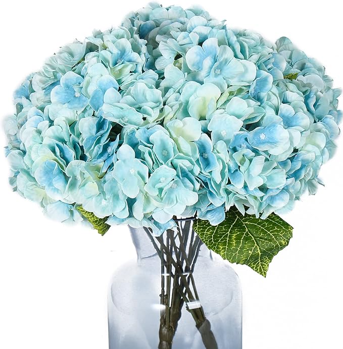 Kimura's Cabin 2Bouquets Fake Hydrangea Flowers Vintage Artificial Silk Flowers Bouquets 10Heads for Indoor Home Table Centerpieces Wedding Party Decoration (Light Blue, Pack of 2)