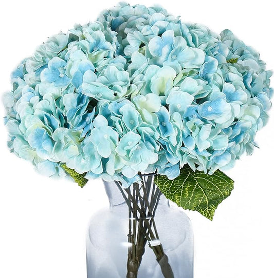 Kimura's Cabin 2Bouquets Fake Hydrangea Flowers Vintage Artificial Silk Flowers Bouquets 10Heads for Indoor Home Table Centerpieces Wedding Party Decoration (Light Blue, Pack of 2)