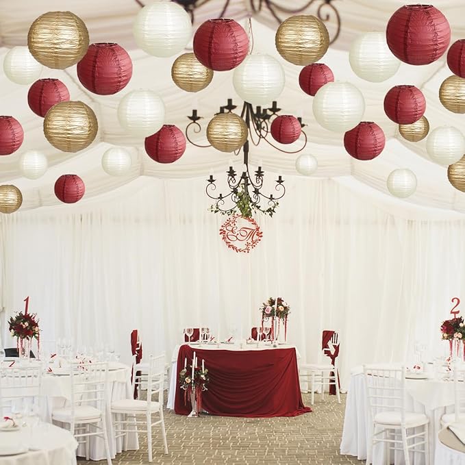 Paper Lanterns Party Decorations, Round Hanging Paper Lanterns Decorations for Graduation Bachelorette Wedding Birthday Party Supplies Maroon/Gold/Ivory 15pcs