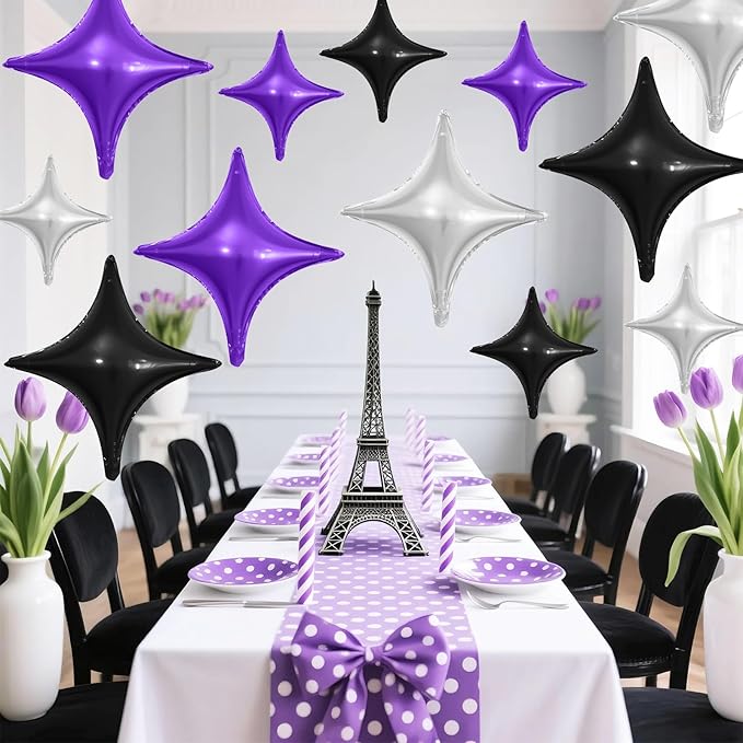 Black Purple Silver Star Balloons,12Pcs Four Angle Star Foil Balloons,26Inch and 10Inch Black Silver Quadrangle Helium Balloon for Halloween Birthday Baby Shower Anniversary Party Decorations
