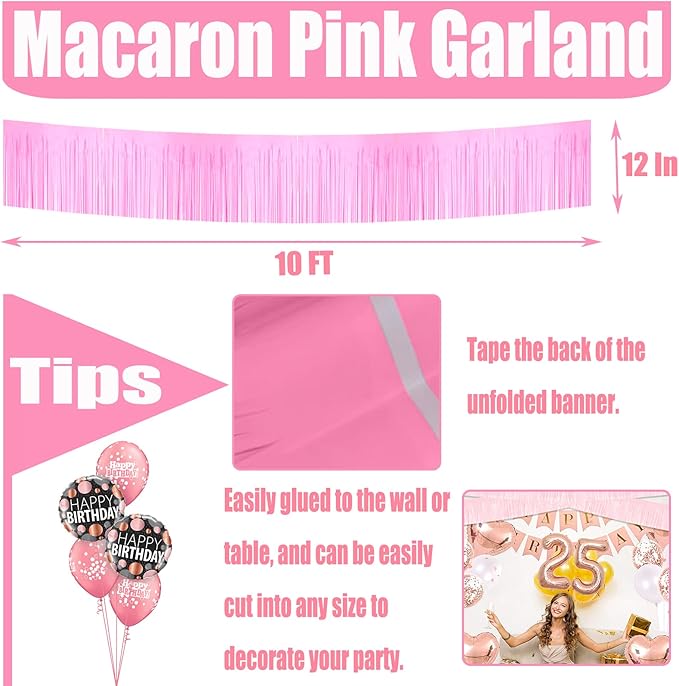 6 Pack 10 Feet Foil Fringe Garland Metallic Tinsel Streamers Banner Wall Hanging Curtain Backdrop for Parade Floats, Bachelorette, Wedding, Birthday, Halloween, Christmas Party Decorations(Pink)