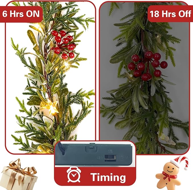 Flopttsu 6FT Prelit Christmas Pine Garland, Artifical Greenery Garland Realistic with Battery Operated Timer,Gold Vines for Mantle Staircase Fireplace Window Ourdoor