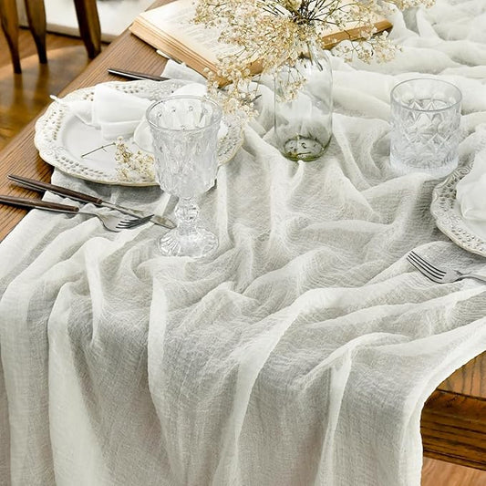 Artoid Mode Boho Cheesecloth Gauze Ivory Wedding Table Runner, 160 Inch Seasonal Fabric Kitchen Dining Holiday Table Decor for Home Party Indoor