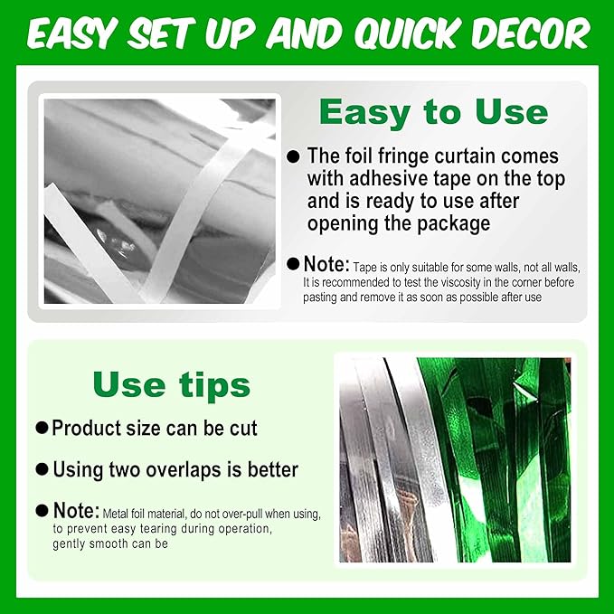 3 Pack Silver Green Foil Fringe Curtains Backdrop, 3.28 x 6.6 Ft Metallic Streamers Tinsel Curtains Background for Photo Booth, Birthday, Halloween, Christmas, Thanksgiving, New Year Party Decorations