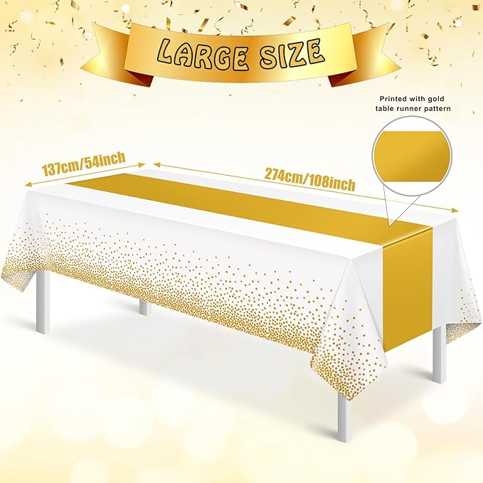 12Pcs White and Gold Tablecloth Party Decorations,Plastic White Table Cloth Printed Gold Table Runner Disposable Rectangle Tables Cover for Birthday Wedding Anniversary Graduation Party,54 x108 Inch