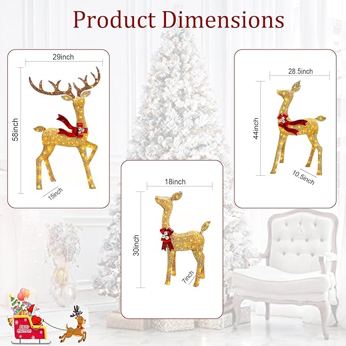 2025 New 3D 58 Inch Large Christmas Deer Family Set, 3-Piece Lighted Reindeer Decoration for Indoor Outdoor Front Yard Porch with 210 LED Jump Lights, Plug - Gold