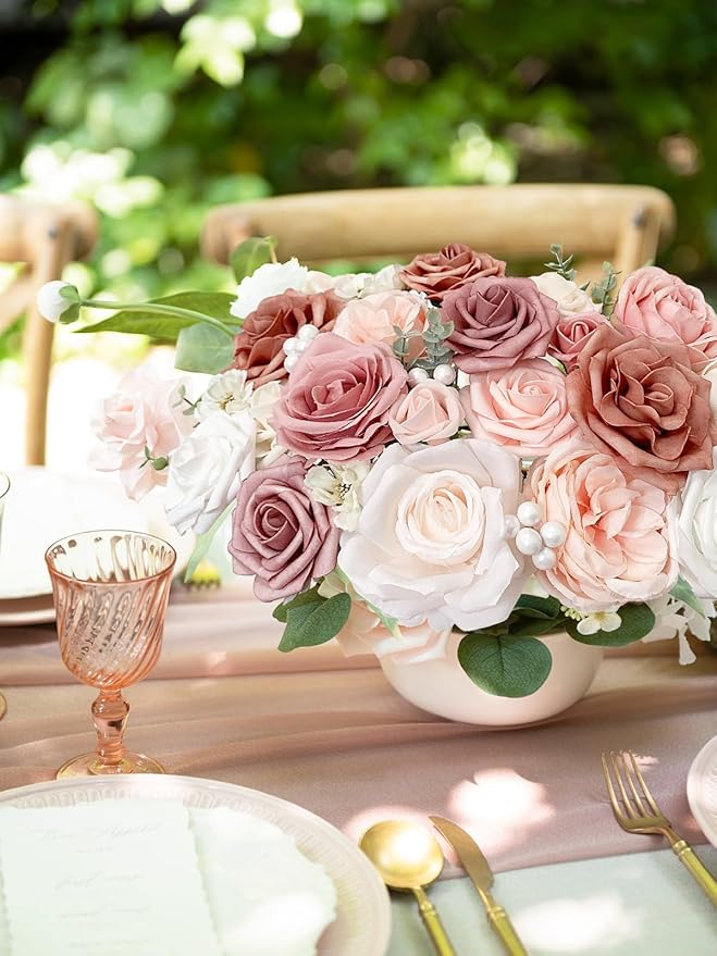 Pink Rose Artificial Flowers Dusty Fake Flower with Stems Bulk for DIY Wedding Bouquets Bridal Baby Shower Centerpiece Table Decorations Silk Faux Floral Arrangements Party Home Decor Indoor