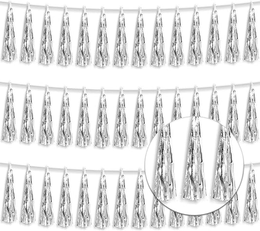 3P Metallic Fringe Tassel Banner Garland Foil Tinsel Streamer Wall Hanging Curtain Backdrop Banners for Parade Floats,Graduation Decorations, Christmas, Wedding Party Decoration(Silver)