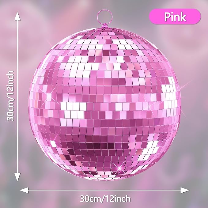 Classic Mirror Ball for Disco, 12"/16"/20" Mirror Disco Ball with Hanging Ring for DJ Club Party Live Wedding Stage Lighting Home Decor Pink 12Inch