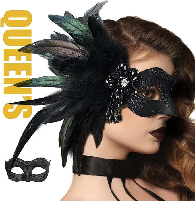 Masquerade Mask for Women Shiny Venetian Mask for Halloween Mardi Gras Costume Party Ball with Feather flower dec.