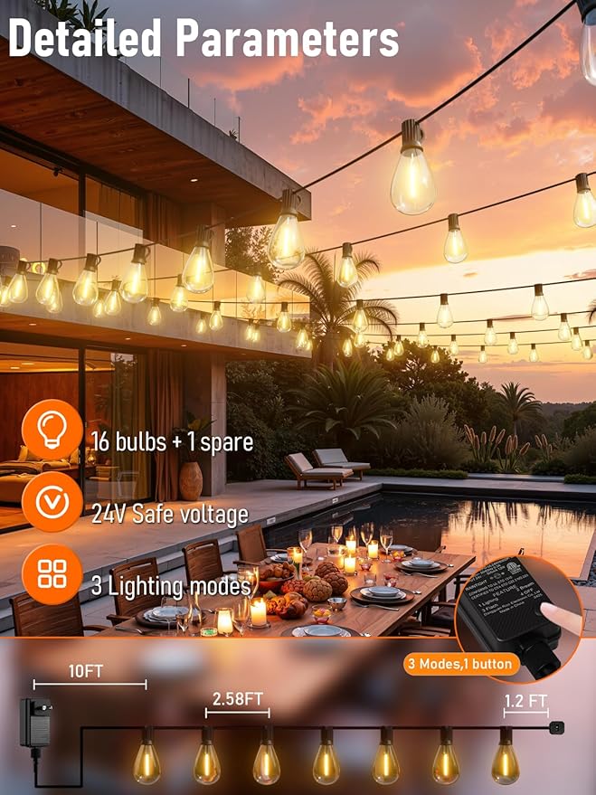 luckystyle 50FT LED Outdoor String Lights with Remote,16+ 1 Shatterproof Bulbs Waterproof and Dimmable Patio Lights for Porch, Garden, Backyard, Deck, Balcony, 2700K, Hanging Lighting