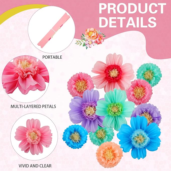 Crowye 12 Pcs Large Colorful Tissue Paper Flowers Decorations 20" Giant Fiesta Crepe Paper Flowers for Wall Decor Backdrop Mexican Wedding Birthday Baby Shower Carnival Party Craft (Colorful)
