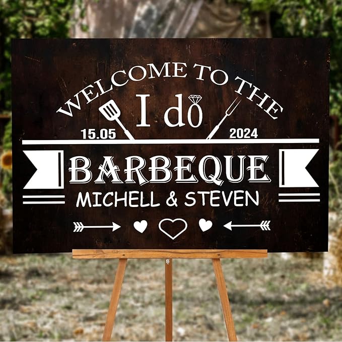 Personalized I Do BBQ Welcome Sign - Couples Shower Decoration, Faux Wood Design