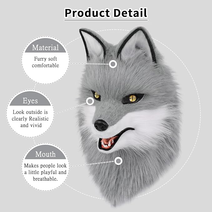 Animal Wolf Mask Cosplay Costume Accessories Furry Faux Fur Dog Fox Full Head Therian Masks Anime Dress up Party