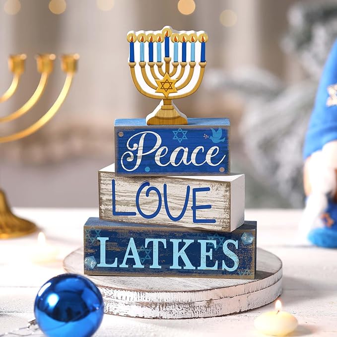 4 Pcs Hanukkah Decorations for Home Chanukah Table Decor Wooden Menorah Decoration Hanukkah Centerpiece Rustic Menorah Block Signs Jewish New Year Decoration for Home Tiered Tray Decor