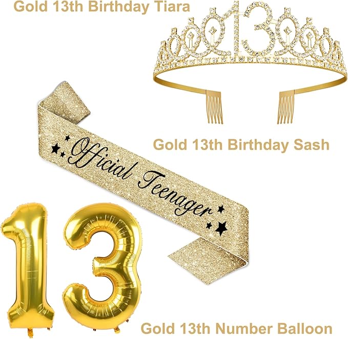 13th Birthday Decorations for Girls with 13th Birthday Crown, Official Teenager Sash, Candles and Cake Topper, Number Balloons, Teen Girl Gifts for 13 Year Old Girls