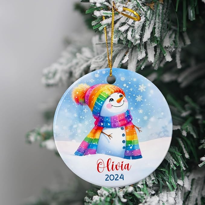 Personalized Rainbow Snowman LGBT Pride Ceramic Christmas Ornament 2025, Custom Name & Year, Gift for Family & Friends