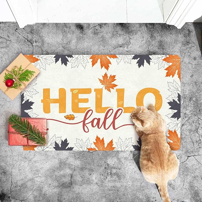 InterestPrint Thanksgiving Door Mat Hello Door Mat Fall Doormat, Fall Maple Leafs Doormat for Indoor Outdoor Entrance Floor Mats Non Slip Autumn Harvest Vintage Thanksiving Decor Rubber Welcome Mats